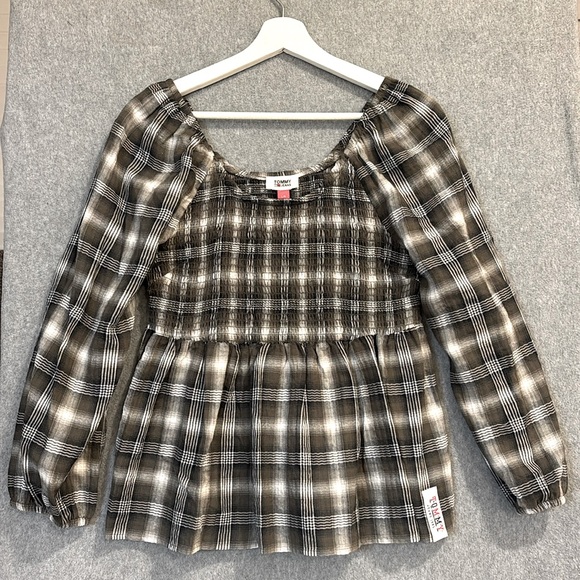 NEW Tommy Jeans | Smocked Peplum Long Sleeve Women Top Med Plaid Olive - Picture 2 of 13